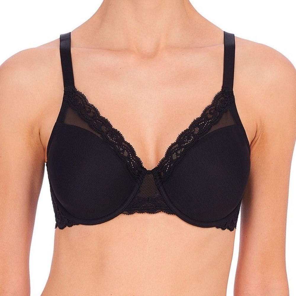 Natori Feathers Full Figure Contour Underwire Bra Black 32DD 741299 Lace Plunge